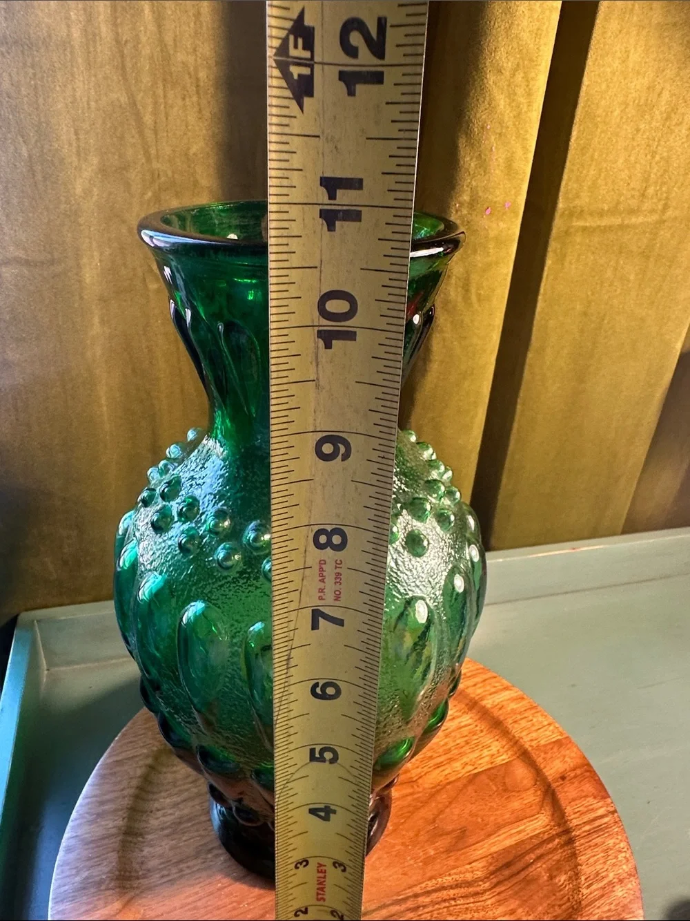 VTG Green Pressed Glass Beaded Vase 10 1/2” High
